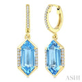 12X5 MM Evoque Gemstones Hexagon Shape Blue Topaz and 1/5 Ctw Round Cut Diamond Semi-Precious Earrings in 10K Yellow Gold