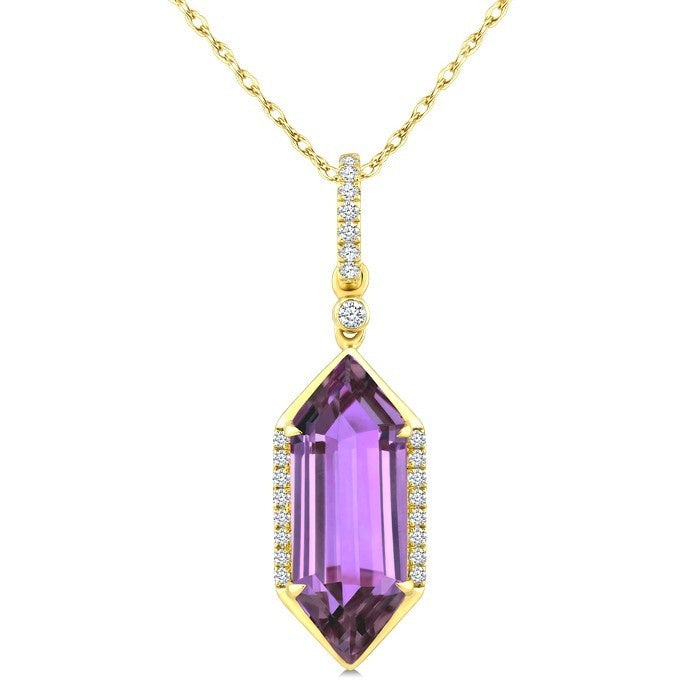 16X6 MM Evoque Gemstones Hexagon Shape Amethyst and 1/10 Ctw Round Cut Diamond Semi-Precious Pendant With Chain in 10K Yellow Gold