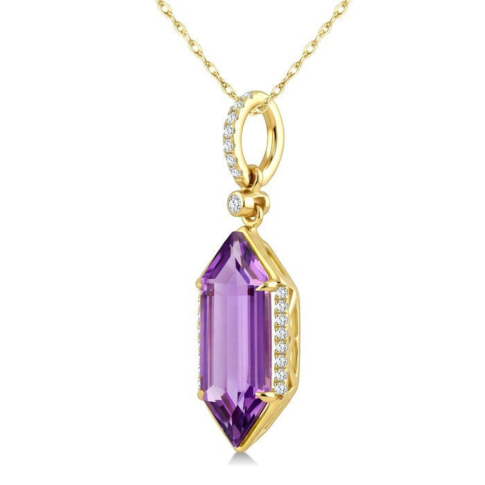 16X6 MM Evoque Gemstones Hexagon Shape Amethyst and 1/10 Ctw Round Cut Diamond Semi-Precious Pendant With Chain in 10K Yellow Gold