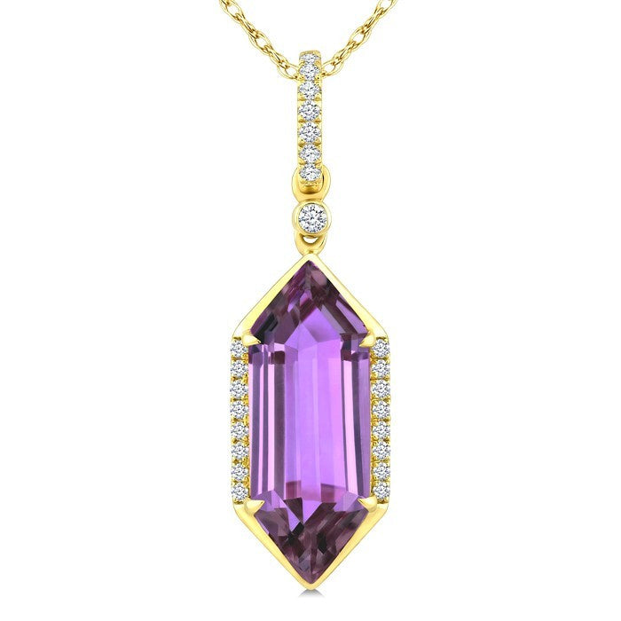 16X6 MM Evoque Gemstones Hexagon Shape Amethyst and 1/10 Ctw Round Cut Diamond Semi-Precious Pendant With Chain in 10K Yellow Gold