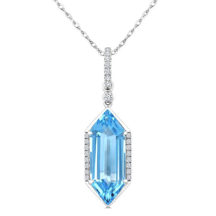 16X6 MM Evoque Gemstones Hexagon Shape Blue Topaz and 1/10 Ctw Round Cut Diamond Semi-Precious Pendant With Chain in 10K White Gold