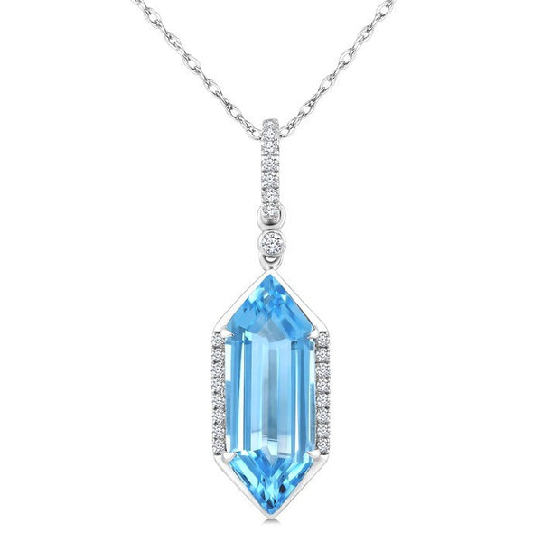 16X6 MM Evoque Gemstones Hexagon Shape Blue Topaz and 1/10 Ctw Round Cut Diamond Semi-Precious Pendant With Chain in 10K White Gold