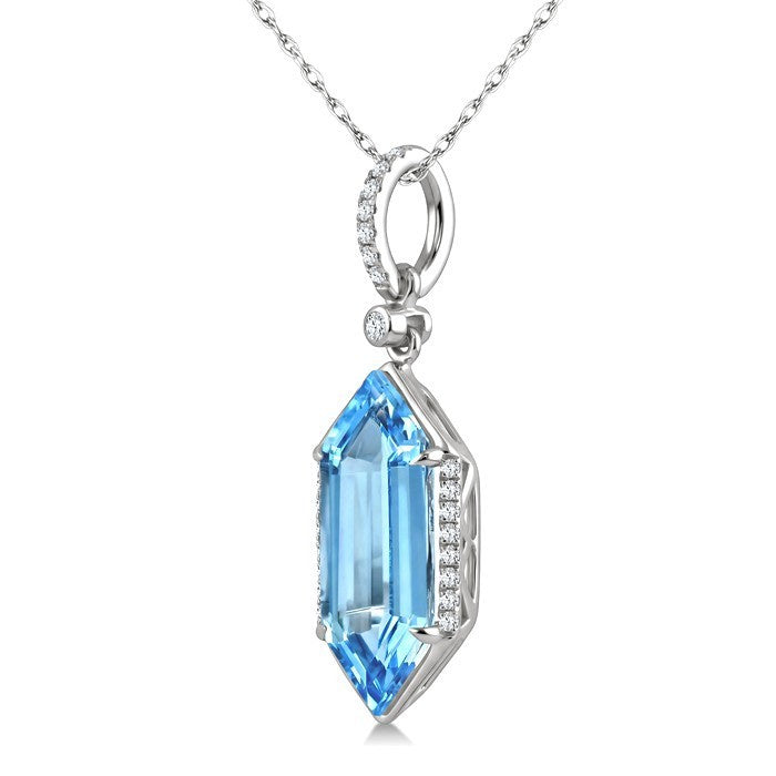16X6 MM Evoque Gemstones Hexagon Shape Blue Topaz and 1/10 Ctw Round Cut Diamond Semi-Precious Pendant With Chain in 10K White Gold