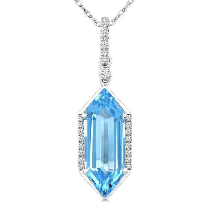 16X6 MM Evoque Gemstones Hexagon Shape Blue Topaz and 1/10 Ctw Round Cut Diamond Semi-Precious Pendant With Chain in 10K White Gold