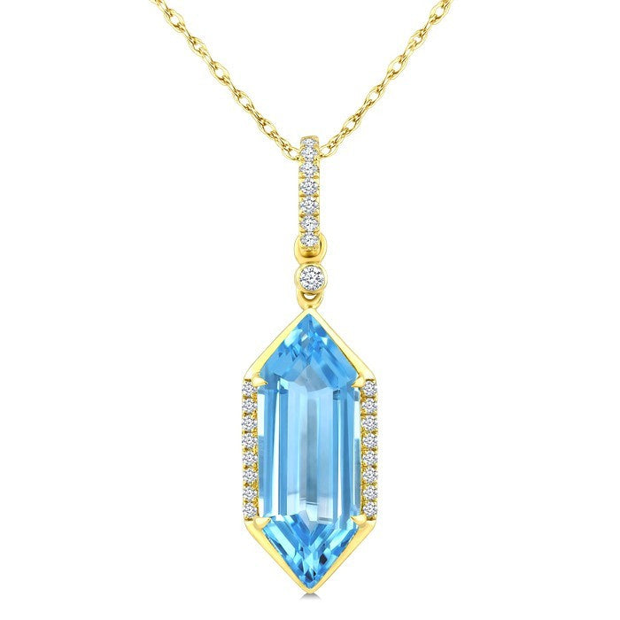 16X6 MM Evoque Gemstones Hexagon Shape Blue Topaz and 1/10 Ctw Round Cut Diamond Semi-Precious Pendant With Chain in 10K Yellow Gold