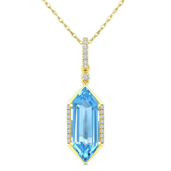 16X6 MM Evoque Gemstones Hexagon Shape Blue Topaz and 1/10 Ctw Round Cut Diamond Semi-Precious Pendant With Chain in 10K Yellow Gold