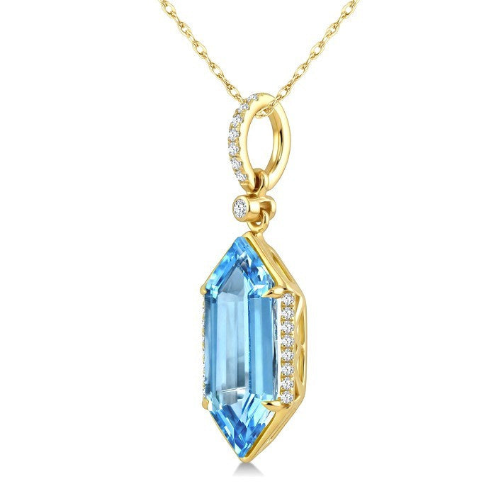 16X6 MM Evoque Gemstones Hexagon Shape Blue Topaz and 1/10 Ctw Round Cut Diamond Semi-Precious Pendant With Chain in 10K Yellow Gold
