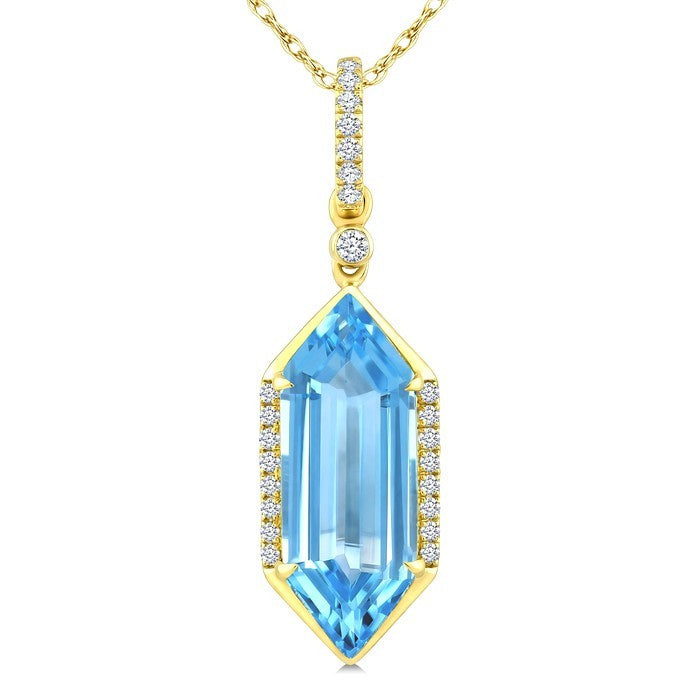 16X6 MM Evoque Gemstones Hexagon Shape Blue Topaz and 1/10 Ctw Round Cut Diamond Semi-Precious Pendant With Chain in 10K Yellow Gold