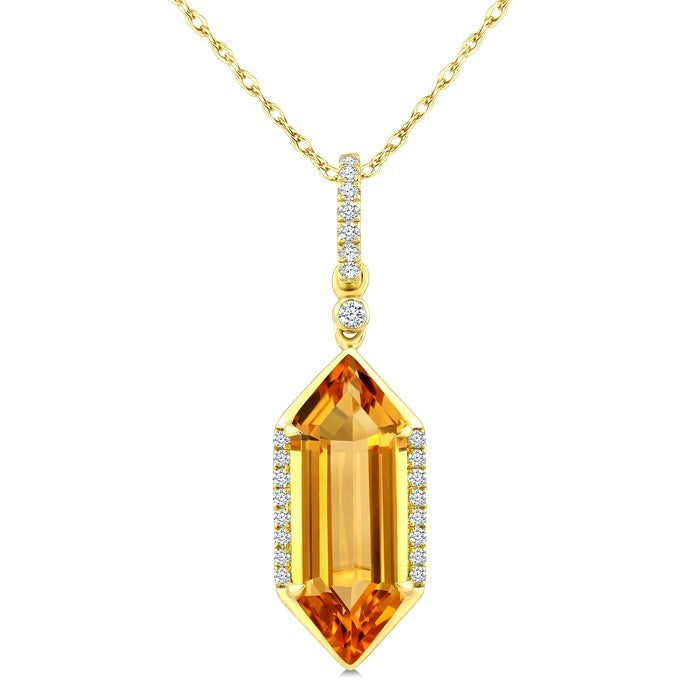 16X6 MM Evoque Gemstone Hexagon Shape Citrine and 1/10 Ctw Round Cut Diamond Semi-Precious Pendant With Chain in 10K Yellow Gold