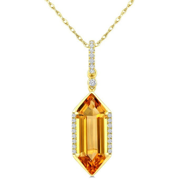 16X6 MM Evoque Gemstone Hexagon Shape Citrine and 1/10 Ctw Round Cut Diamond Semi-Precious Pendant With Chain in 10K Yellow Gold