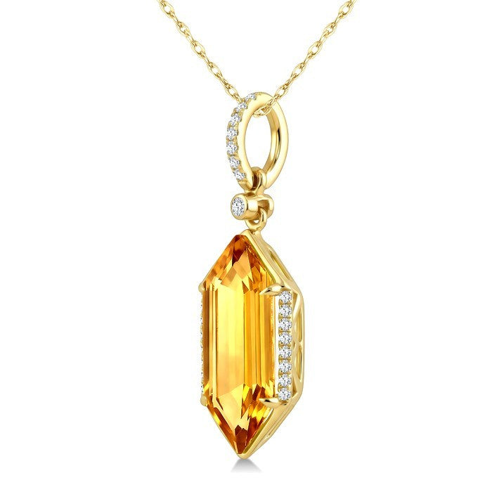 16X6 MM Evoque Gemstone Hexagon Shape Citrine and 1/10 Ctw Round Cut Diamond Semi-Precious Pendant With Chain in 10K Yellow Gold