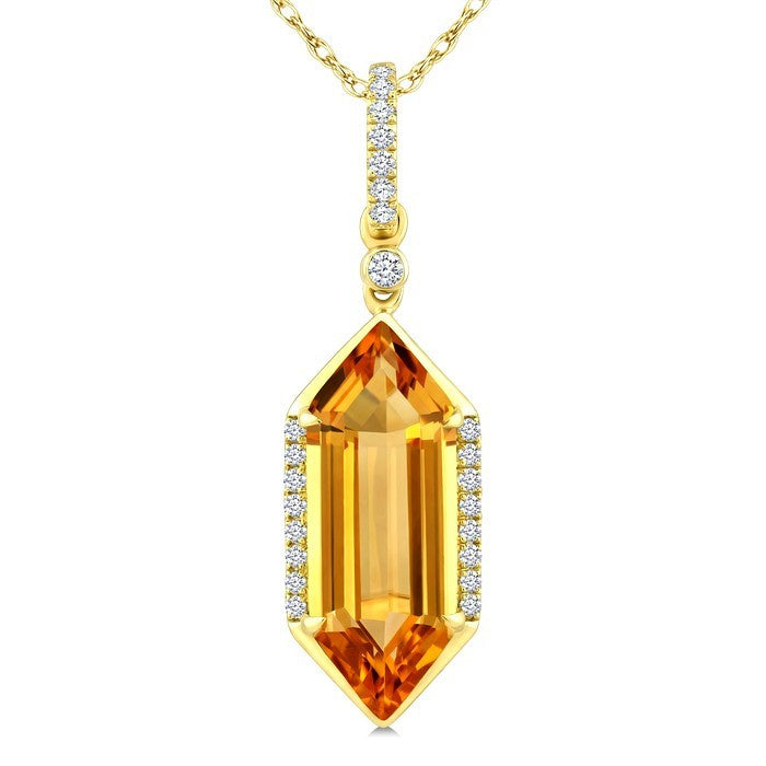 16X6 MM Evoque Gemstone Hexagon Shape Citrine and 1/10 Ctw Round Cut Diamond Semi-Precious Pendant With Chain in 10K Yellow Gold