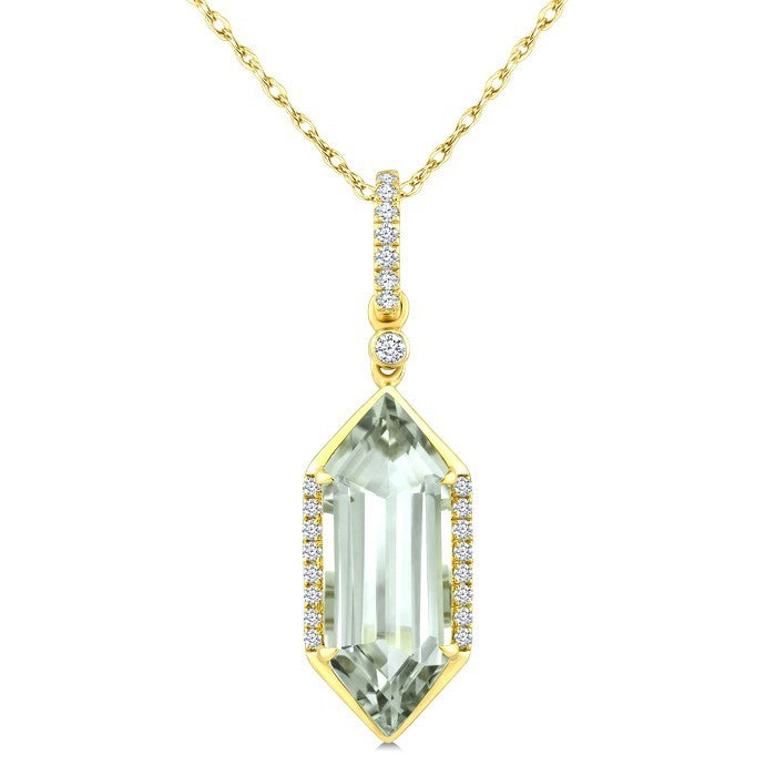 16X6 MM Evoque Gemstone Hexagon Shape Green Amethyst and 1/10 Ctw Round Cut Diamond Semi-Precious Pendant With Chain in 10K Yellow Gold