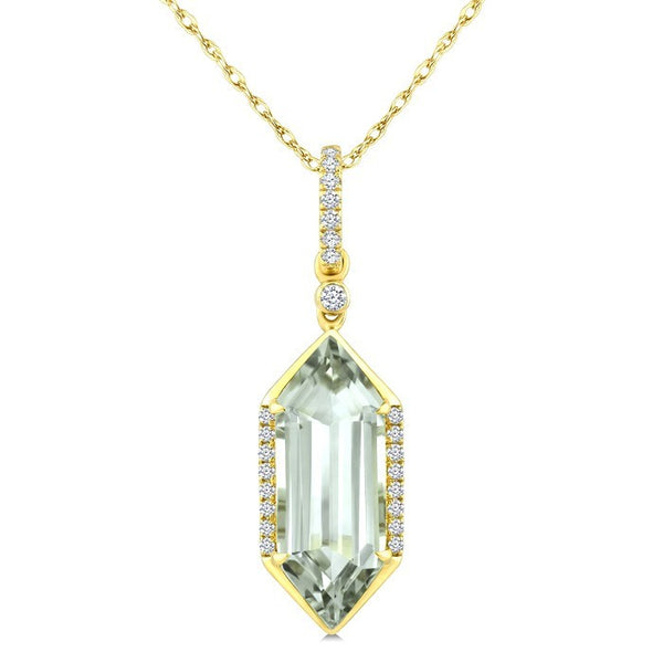 16X6 MM Evoque Gemstone Hexagon Shape Green Amethyst and 1/10 Ctw Round Cut Diamond Semi-Precious Pendant With Chain in 10K Yellow Gold