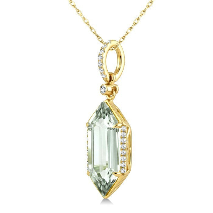 16X6 MM Evoque Gemstone Hexagon Shape Green Amethyst and 1/10 Ctw Round Cut Diamond Semi-Precious Pendant With Chain in 10K Yellow Gold