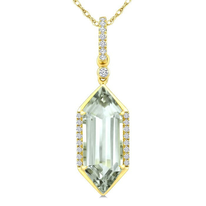 16X6 MM Evoque Gemstone Hexagon Shape Green Amethyst and 1/10 Ctw Round Cut Diamond Semi-Precious Pendant With Chain in 10K Yellow Gold