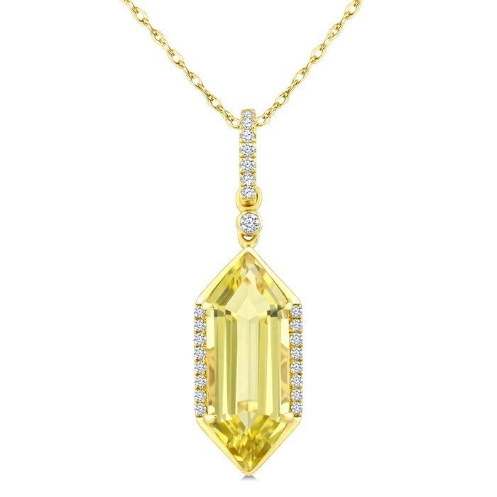 16X6 MM Evoque Gemstones Hexagon Shape Lemon Quartz and 1/10 Ctw Round Cut Diamond Semi-Precious Pendant With Chain in 10K Yellow Gold
