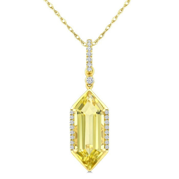 16X6 MM Evoque Gemstones Hexagon Shape Lemon Quartz and 1/10 Ctw Round Cut Diamond Semi-Precious Pendant With Chain in 10K Yellow Gold