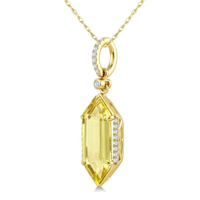 16X6 MM Evoque Gemstones Hexagon Shape Lemon Quartz and 1/10 Ctw Round Cut Diamond Semi-Precious Pendant With Chain in 10K Yellow Gold