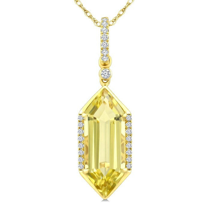 16X6 MM Evoque Gemstones Hexagon Shape Lemon Quartz and 1/10 Ctw Round Cut Diamond Semi-Precious Pendant With Chain in 10K Yellow Gold