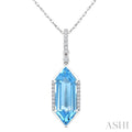 16X6 MM Evoque Gemstones Hexagon Shape Blue Topaz and 1/10 Ctw Round Cut Diamond Semi-Precious Pendant With Chain in 10K White Gold