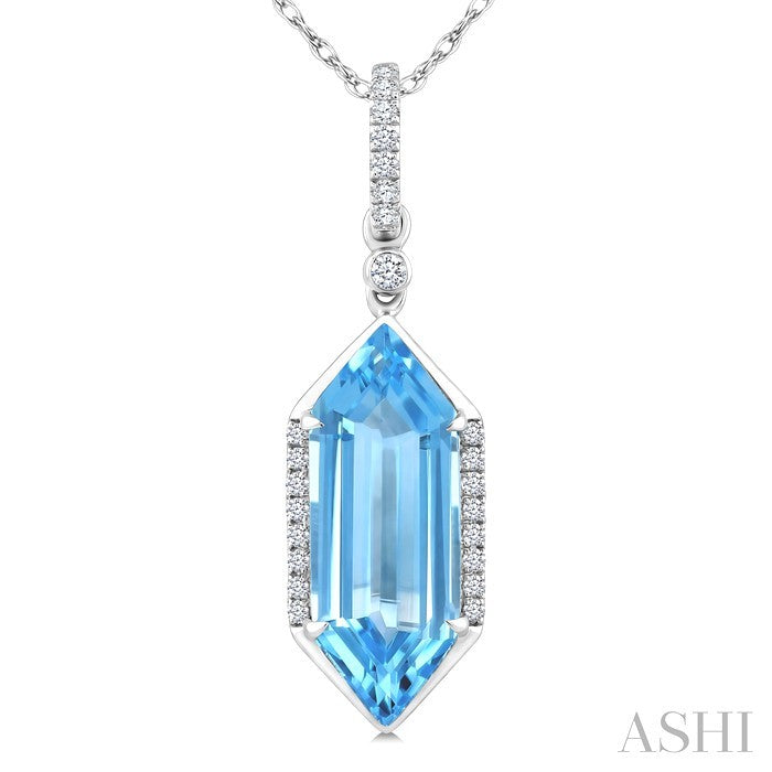 16X6 MM Evoque Gemstones Hexagon Shape Blue Topaz and 1/10 Ctw Round Cut Diamond Semi-Precious Pendant With Chain in 10K White Gold