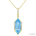 16X6 MM Evoque Gemstones Hexagon Shape Blue Topaz and 1/10 Ctw Round Cut Diamond Semi-Precious Pendant With Chain in 10K Yellow Gold