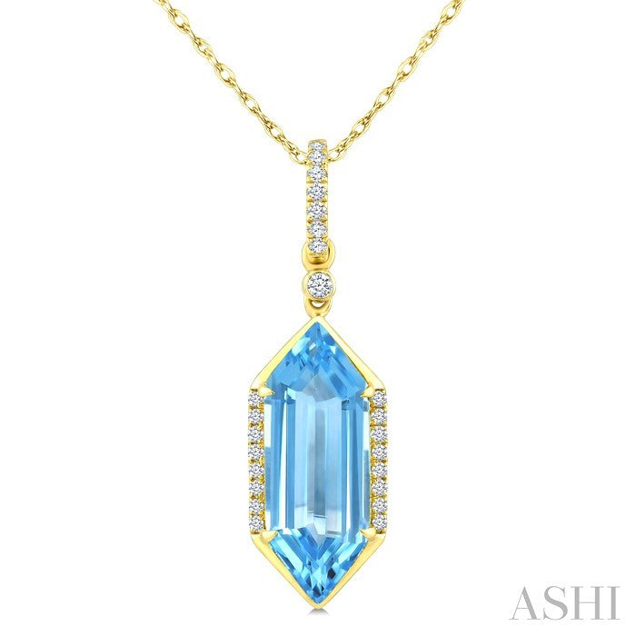 16X6 MM Evoque Gemstones Hexagon Shape Blue Topaz and 1/10 Ctw Round Cut Diamond Semi-Precious Pendant With Chain in 10K Yellow Gold