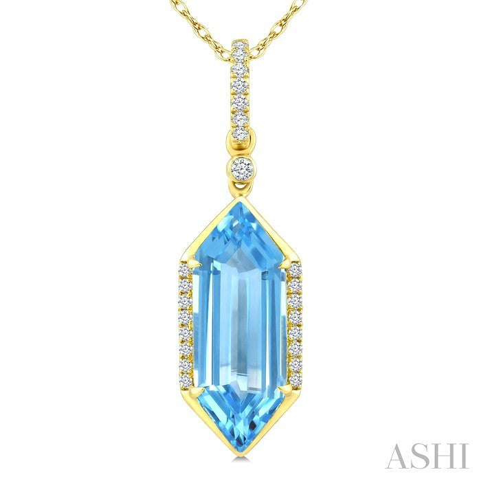 16X6 MM Evoque Gemstones Hexagon Shape Blue Topaz and 1/10 Ctw Round Cut Diamond Semi-Precious Pendant With Chain in 10K Yellow Gold
