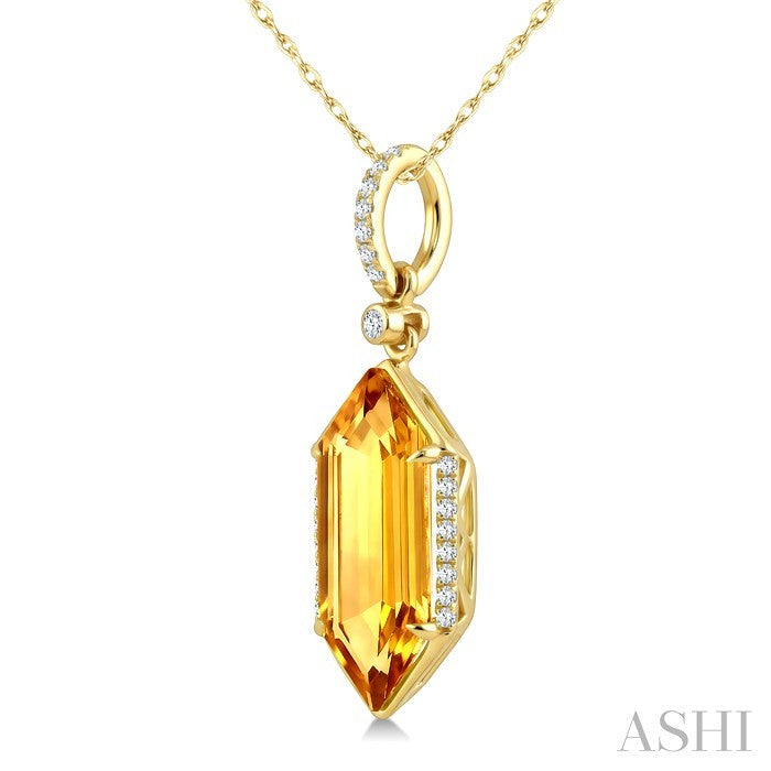 16X6 MM Evoque Gemstone Hexagon Shape Citrine and 1/10 Ctw Round Cut Diamond Semi-Precious Pendant With Chain in 10K Yellow Gold