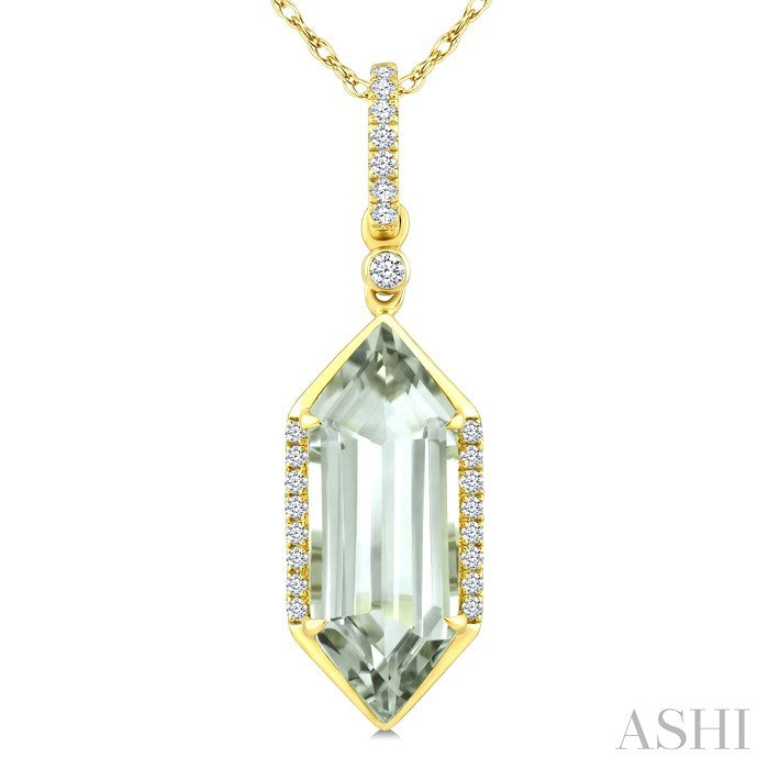 16X6 MM Evoque Gemstone Hexagon Shape Green Amethyst and 1/10 Ctw Round Cut Diamond Semi-Precious Pendant With Chain in 10K Yellow Gold