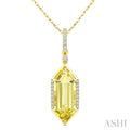 16X6 MM Evoque Gemstones Hexagon Shape Lemon Quartz and 1/10 Ctw Round Cut Diamond Semi-Precious Pendant With Chain in 10K Yellow Gold