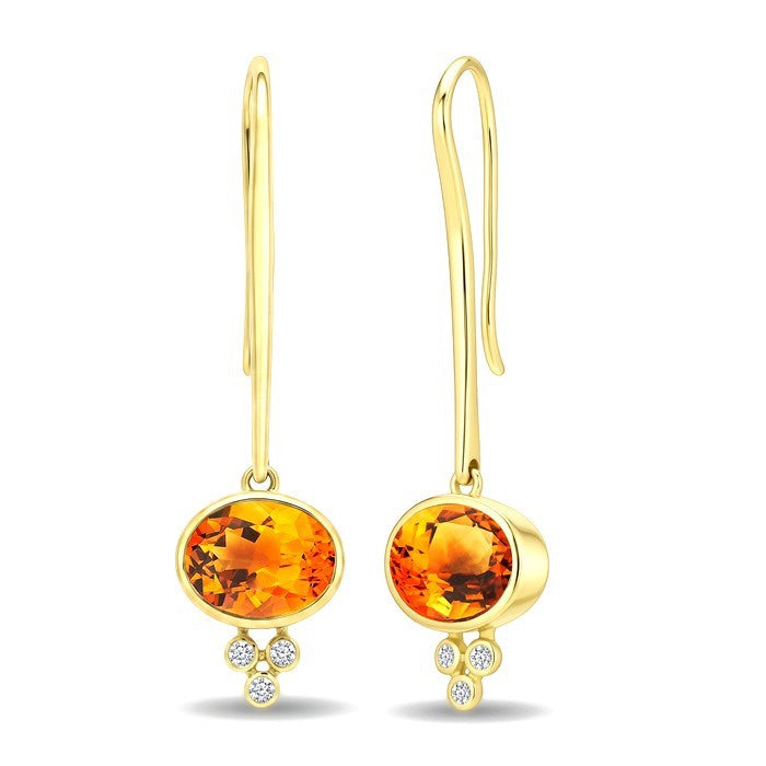 9X7 MM Oval Shape Citrine and 1/10 Ctw Bezel Set Round Cut Diamond Semi-Precious Long Earrings in 14K Yellow Gold
