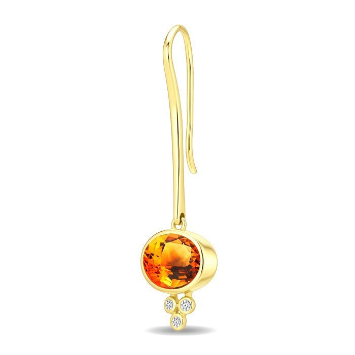 9X7 MM Oval Shape Citrine and 1/10 Ctw Bezel Set Round Cut Diamond Semi-Precious Long Earrings in 14K Yellow Gold