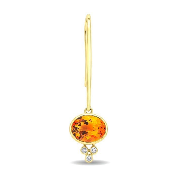 9X7 MM Oval Shape Citrine and 1/10 Ctw Bezel Set Round Cut Diamond Semi-Precious Long Earrings in 14K Yellow Gold