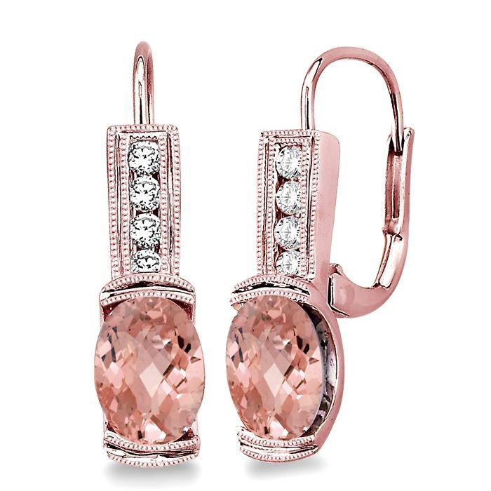 7x5 MM Oval Shape Morganite and 1/6 Ctw Round Cut Diamond Earrings in 14K Rose Gold