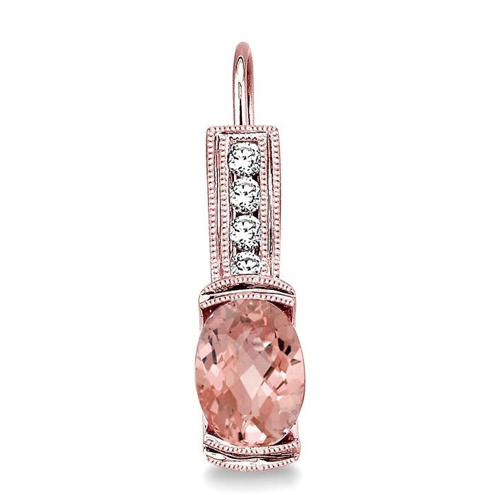 7x5 MM Oval Shape Morganite and 1/6 Ctw Round Cut Diamond Earrings in 14K Rose Gold