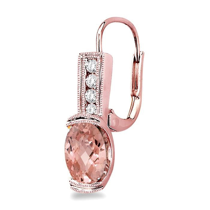 7x5 MM Oval Shape Morganite and 1/6 Ctw Round Cut Diamond Earrings in 14K Rose Gold