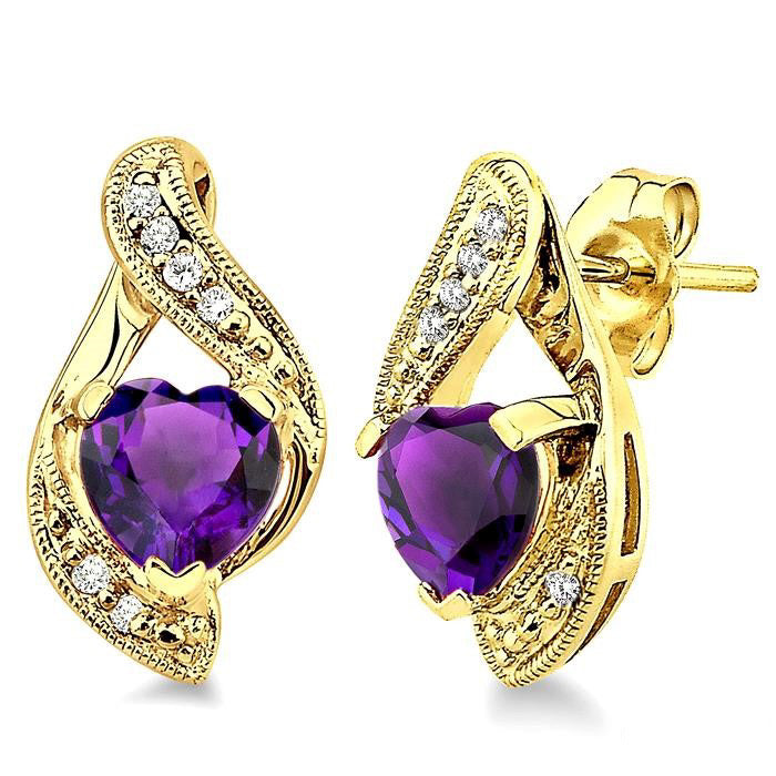 Heart Shape Amethyst and 1/20 Ctw Round Cut Diamond Semi-Precious Earrings in 14K Yellow Gold