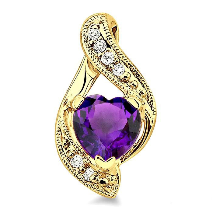 Heart Shape Amethyst and 1/20 Ctw Round Cut Diamond Semi-Precious Earrings in 14K Yellow Gold