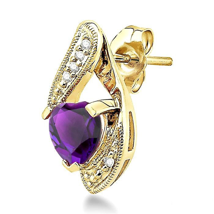 Heart Shape Amethyst and 1/20 Ctw Round Cut Diamond Semi-Precious Earrings in 14K Yellow Gold