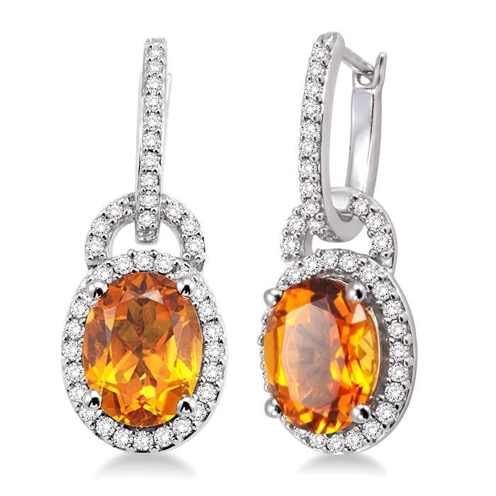 9x7 MM Oval Cut Citrine and 3/8 Ctw Round Cut Diamond Earrings in 14K White Gold