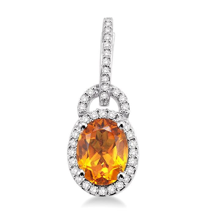 9x7 MM Oval Cut Citrine and 3/8 Ctw Round Cut Diamond Earrings in 14K White Gold
