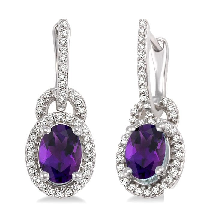 Oval Cut Amethyst and 1/3 Ctw Round Cut Diamond Earrings in 14K White Gold