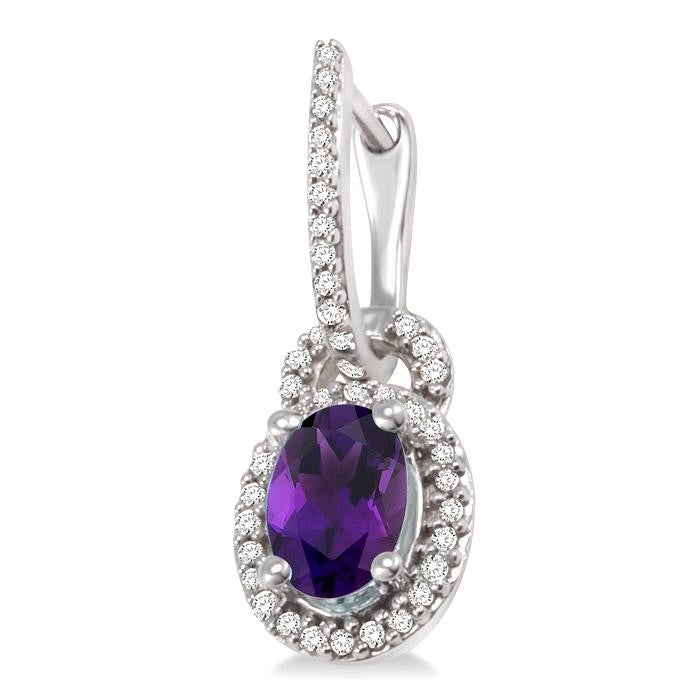 Oval Cut Amethyst and 1/3 Ctw Round Cut Diamond Earrings in 14K White Gold