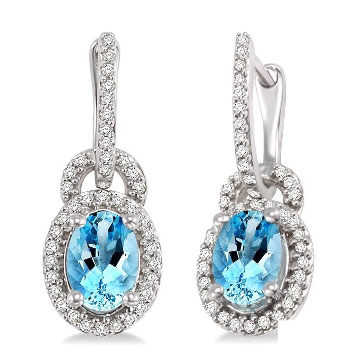 7x5 MM Oval Cut Aquamarine and 1/3 Ctw Round Cut Diamond Earrings in 14K White Gold