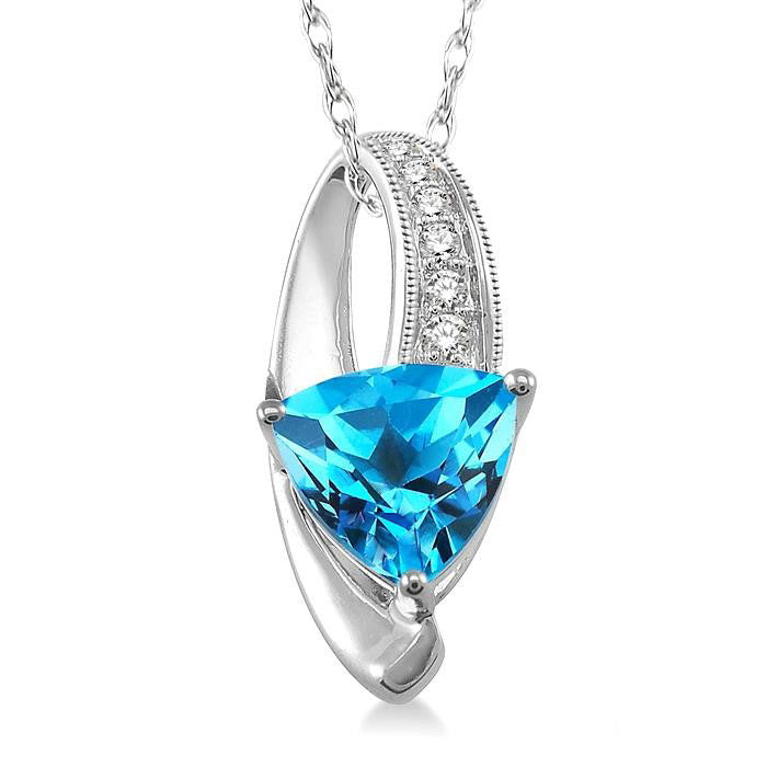 Trillion Cut Blue Topaz and 1/20 Ctw Round Cut Diamond Pendant