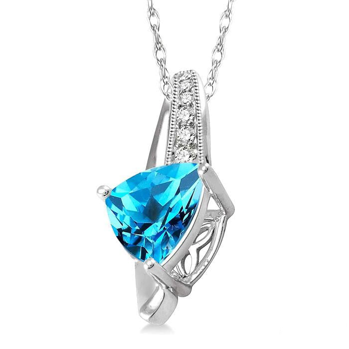 Trillion Cut Blue Topaz and 1/20 Ctw Round Cut Diamond Pendant