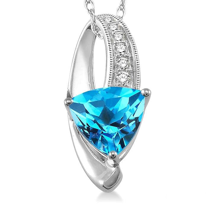 Trillion Cut Blue Topaz and 1/20 Ctw Round Cut Diamond Pendant