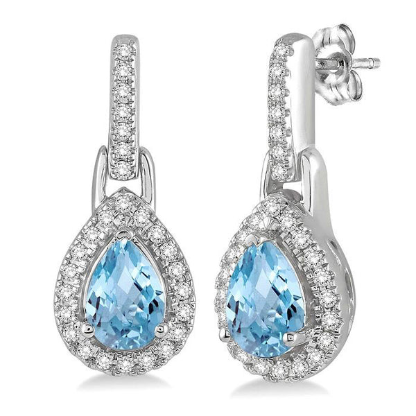 6x4 MM Pear Shape Aquamarine and 1/5 Ctw Round Cut Diamond Earrings in 10K White Gold